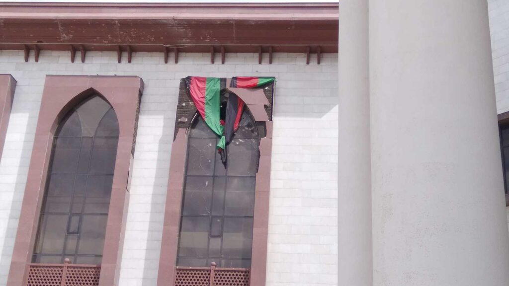 Afghan Parliament – Window destroyed by Taliban's rocket.